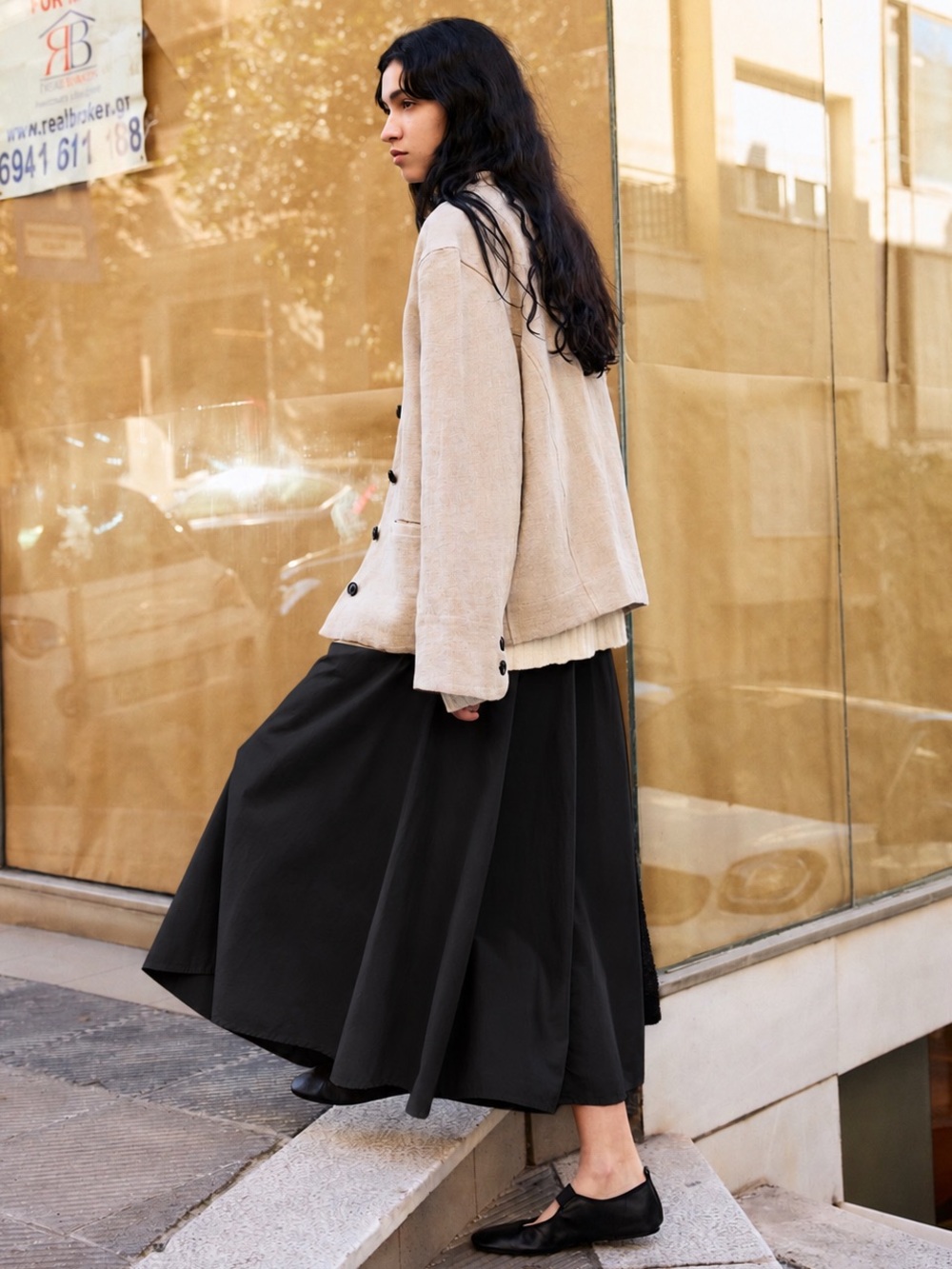 AIAYU Black Organic Cotton Bea Midi A-Line Skirt, Scandi Minimalist Capsule